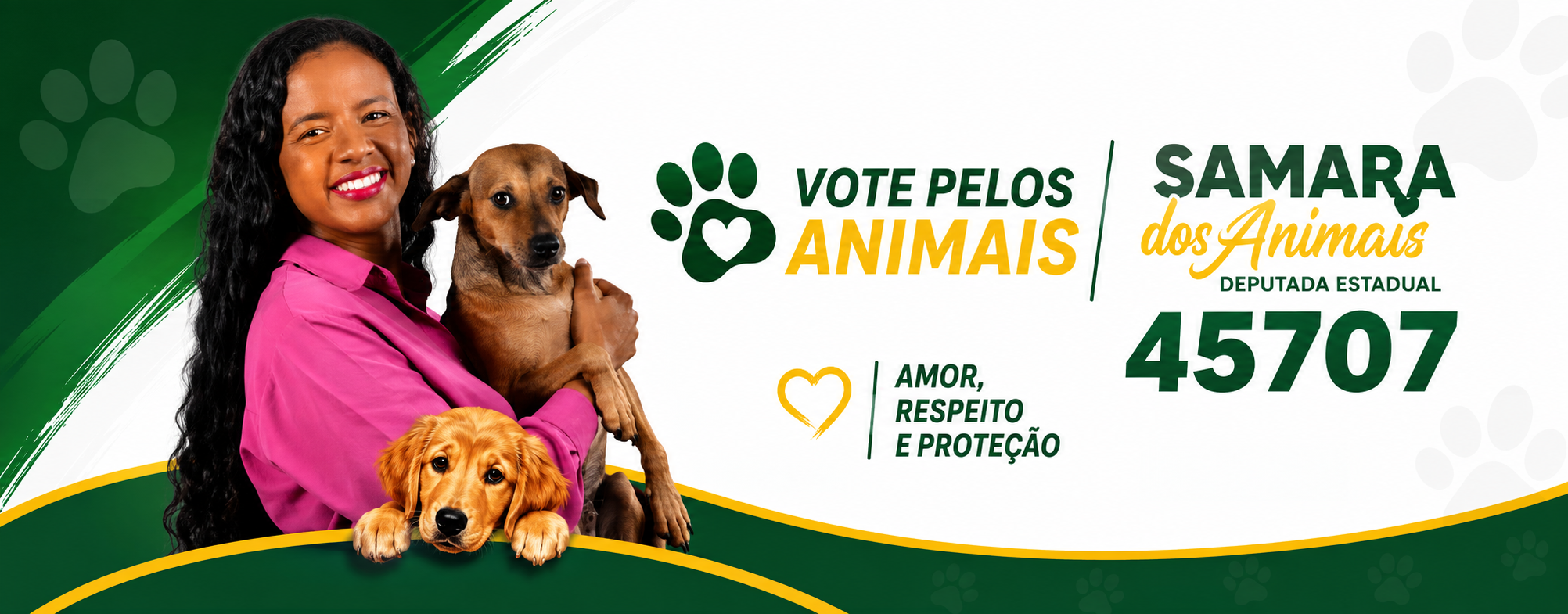 Samara ao lado de um cachorro e um filhote de golden retriever. Vote pelos animais, número 45707, Samara dos Animais, deputada estadual. Amor, respeito e proteção.